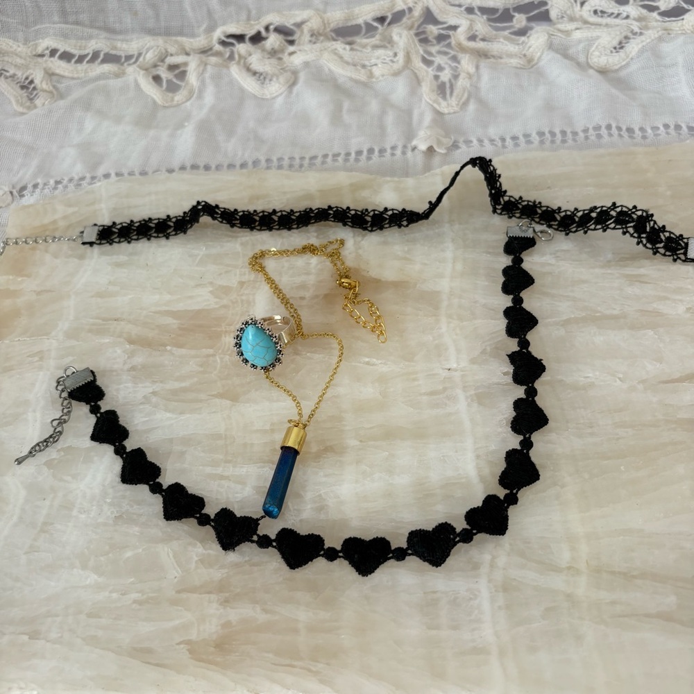 Vintage Y2K jewelry lot chokers lace turquoise ring 4 piece set